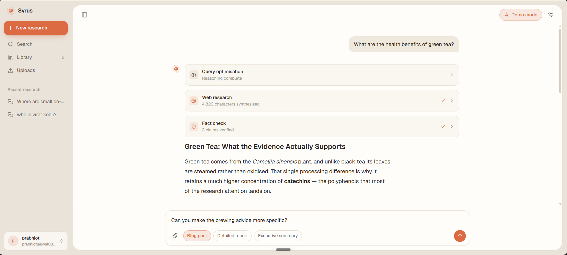 Syrus — a source-cited chat response